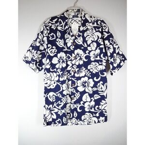 VTG Islander Camp Shirt Men Small Blue White Floral Tropical Cotton Aloha Resort